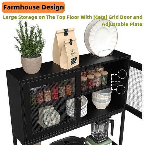 Furniouse 6-Tier Kitchen Bakers Rack with Power Outlet, Industrial Microwave Oven Stand with Shelves, Kitchen Utility Storage Shelf with Cabinet, Standing Kitchen Storage Rack (Black)