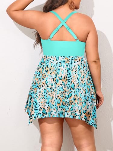 NIeyook Plus Size Swimsuits for Women Tankini Bathing Suits Two Piece Tummy Control Swimwear Sets Swim Dress with Shorts XL Green Leopard 14 Plus