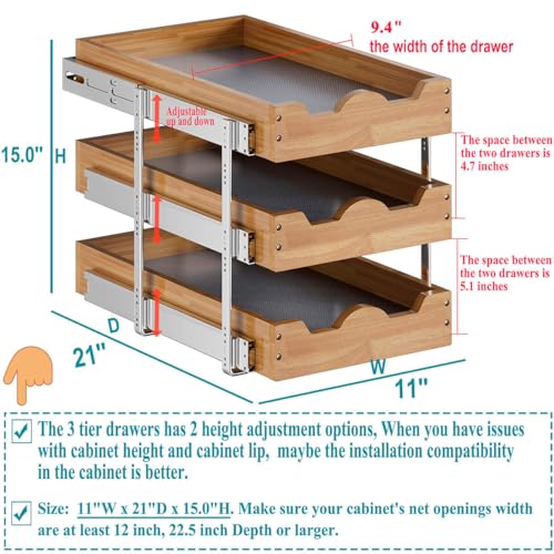 OCG 2 Tier Pull Out Drawers For Cabinets, Double Tier Slide out Wood Cabinet Organizer, Pull Out Shelves for Base Cabinet Organization in Kitchen, Pantry, Bathroom