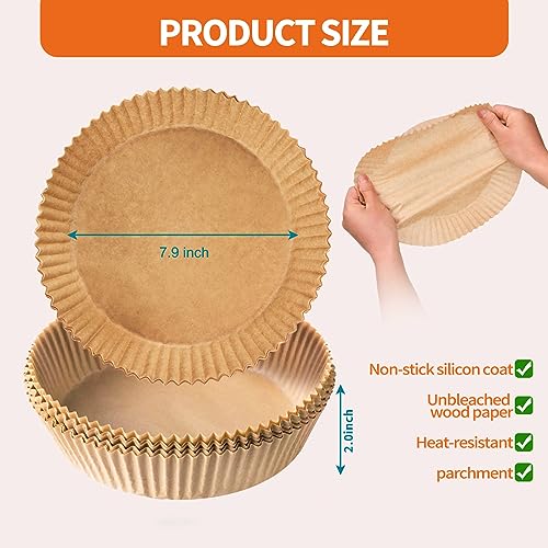 PABUES 7.9inch 140 Pcs Air Fryer Disposable Paper Liner,Non-Stick Parchment Paper, Oil Resistant, Waterproof, Food Grade Baking Paper for 5-8 QT Air Fryer Baking Roasting Microwave
