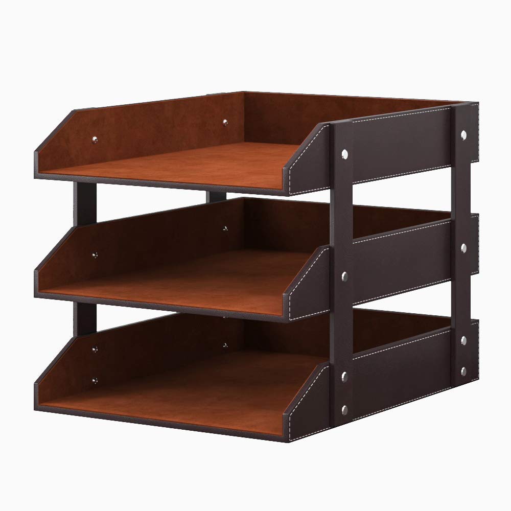 Leather Desk Organizer, Thipoten 3-Tier Stackable Letter Tray Holder for Office Supplies, Paper, File, Magazine, Perfect Office Organization for Desktop (Brown-3Tiers)
