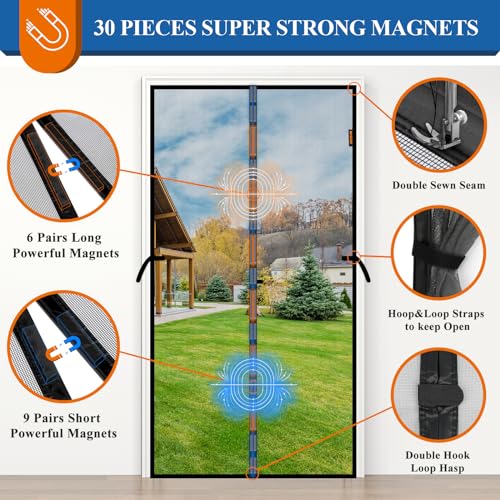 MAGZO Magnetic Screen Door, Fits Door Size 72'' x 80'', Center Opening, Upgraded Polyester with Strengthened Magnets, Auto-Close, Temporary Mesh for Sliding Glass Patio/French/Double/Large Doors, Grey