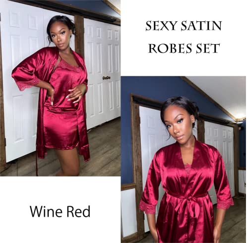 Ekouaer Sleepwear Women's Satin Nightgown with Robes Set 2 Piece Sexy Lace Cami Nightwear Floral Set Floral Wine Red M