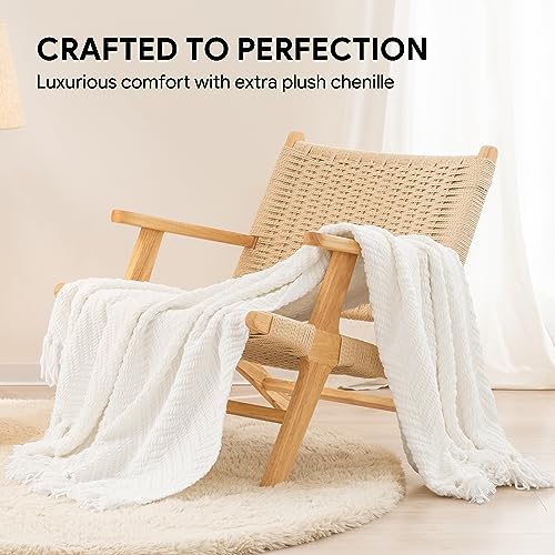 RECYCO Knit Chenille Throw Blanket, Textured Knitted Throw Blankets w/Tassels, Decorative Warm Soft Woven Throw for Couch Bed, Cream White, 50x60 in