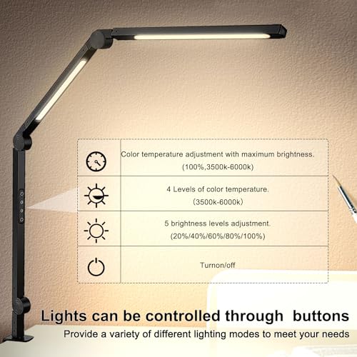 vimeepro LED Desk Lamp with Clamp Flexible 3 Sections Swing Arm 2 Light Sources Desk Light, 4 Color Modes & 5 Brightness, Eye Caring Led Table Light with Memory Function for Table Lamps for Office
