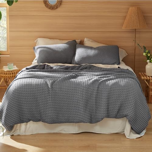 Bedsure Cooling Waffle Duvet Cover Queen - Cotton Blend Rayon Derived from Bamboo Duvet Cover Ser for Hot Sleepers, Breathable Bedding Set with a Vintage Charm, 3 Pieces (Charcoal, Queen, 90"x90")