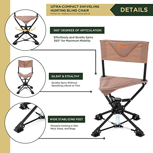 ARROWHEAD OUTDOOR 360° Degree Swivel Hunting Chair Stool Seat, Perfect for Blinds, No Sink Feet, Supports up to 450lbs, Carrying Case, Steel Frame, Fishing, High-Grade 600D Canvas, USA-Based Support