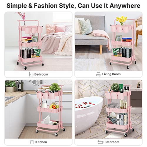 E&D FURNITURE 3 Tier Rolling Storage Cart with Wheels, White, Sturdy, Waterproof, Adjustable, Multipurpose, Organization, Office, Kitchen, Bedroom, Bathroom, Garage, Kids Art Cart