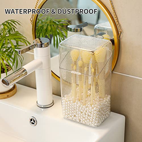 Yesesion Makeup Brush Holder with White Pearls, Clear Cosmetics Brushes Organizer with Lid, Large Capacity Storage Box for Vanity, Bathroom Counter, Dresser, Hair Accessories Organizer for Girls