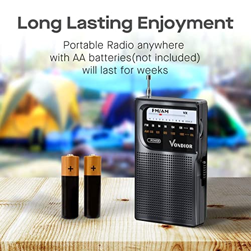 AM FM Battery Operated Portable Pocket Radio - Best Reception and Longest Lasting. AM FM Compact Transistor Radios Player Operated by 2 AA Battery, Mono Headphone Socket, by Vondior