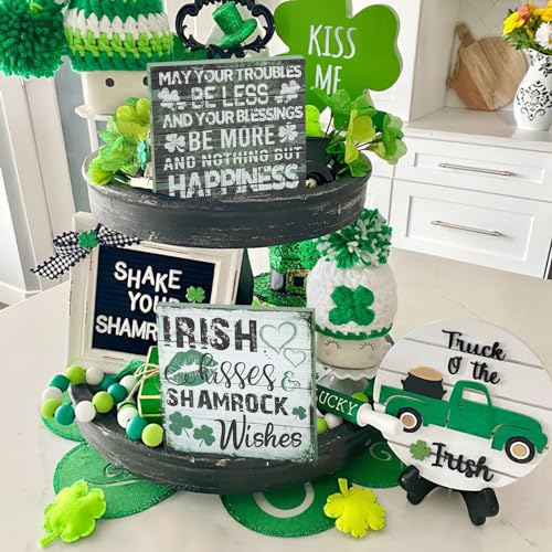 2 Pieces St Patrick's Day Decorations Shamrock Wood Blessing Box Signs Irish Table Decor Wood Block Plaque (7×7 inch, Green 2PCS)