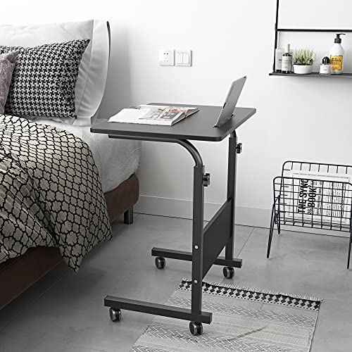 DlandHome Rolling Laptop Desk Stand Up Desk Adjustable Mobile Laptop Desk, 23.6 Inches Medium Size Side Table, Movable w/Tablet Slot & Wheels, Portable Stand for Bed Sofa Black