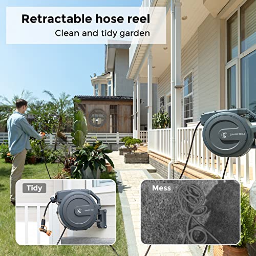 Giraffe Tools Metal Retractable Hose Reel 130 FT Wall Mounted Heavy Duty Hose Reel with 9 Pattern Nozzle 180 Deg Swivel, Metal Bracket Any Length Lock (1/2 130FT PRO, Dark Grey)
