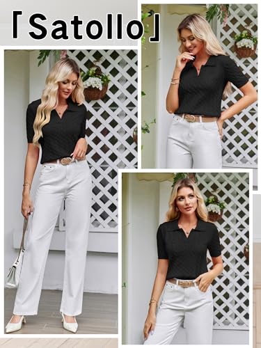 Womens Short Sleeve Sweater Tops Cable Knit Casual Summer V Neck Polo Shirts(Black, Small)