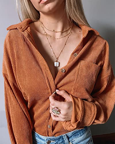 Saslax Womens Corduroy Shirt Long Sleeve Oversized Button Up V Neck Blouses Tops Loose Shacket Jacket with Pockets Army Green S