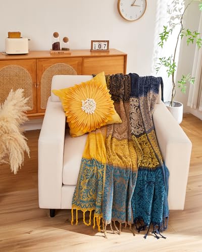 AIVIA Bohemian Throws Blankets, Chenille Woven Recliner Chair Throw Cover Futon Furniture Cover Sofa Slipcover Boho Bed Blanket - 60" x 75" Navy Teal Yellow