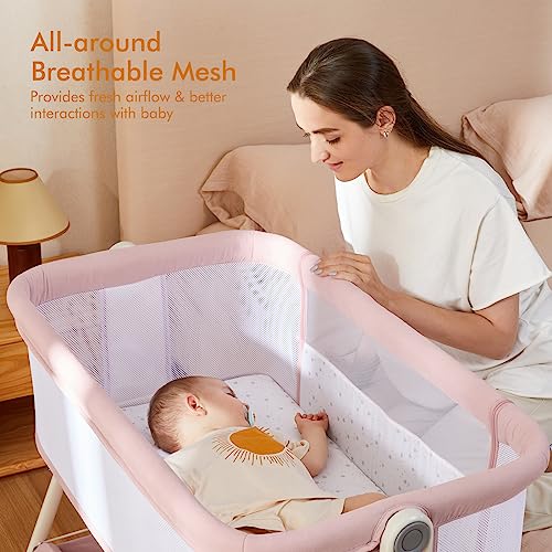 ANGELBLISS Baby Bassinet Bedside Sleeper, Easy Folding Portable Bassinet for Baby with Wheels, Adjustable Height, Included Mattress (Beige)