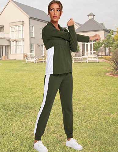 HALCYEEN Women's Striped Jogging Suits Set Soft Cotton Pants and Jacket Outfit with Pockets Army Green S