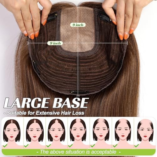 starluck 16 inch Hair Toppers for Women 9"*9" Large Base Honey Brown Real Human Hair Topper No Bangs Hair Toppers for Women with Thinning Hair Cover Grey Hair Roots Add Volume