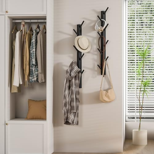 TIOPGHAD 2-Pack Wood-Wall-Mounted-Coat-Hooks, Bamboo Vertical Coats Rack Holder Hanger with 8 Hooks Entryway Hanging Wooden Racks for Hanging Jacket Coat Hat in Entryway Office Bathroom(Black)