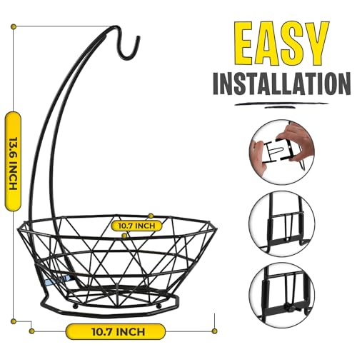CuttleLab Fruit Basket with Banana Hanger, Fruit Bowl with Banana Holder, Fruit Bowl for Kitchen Counter used as Bread Basket, Vegetable Basket, Fruit Stand or Egg Holder with Banana Tree