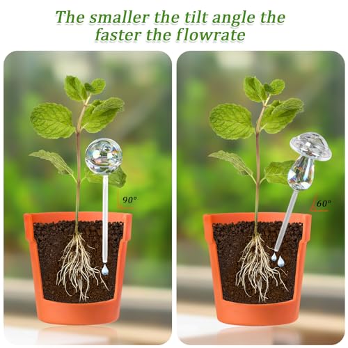 Plant Watering Globes -4 Pcs Self Watering Planter Insert-9 Inch Iridescent Glass Transparent Mushroom Plant Watering Devices- Easy Refill Design With -Indoor and Outdoor Plants Best Giving