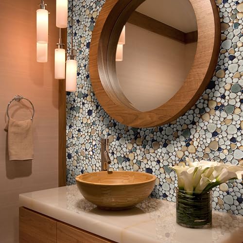 Primoon Pebble Stone Mosaic Tiles 5 Sheets, Beige Tan Brown Ceramic Mosaic Sheets Mesh Mounted 12x12, Glazed Porcelain Tile for Shower Floor Kitchen Bathroom Accent Wall Backsplash 【5 Sheets】