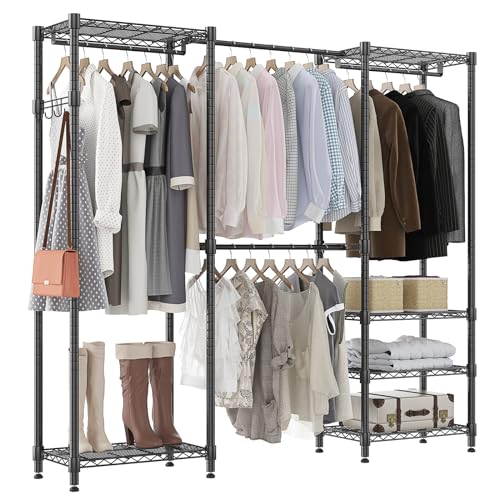 Homdox Heavy Duty Garment Rack with Extendable Hanging Rods, Adjustable Metal Clothing Rack for Hanging Clothes, Freestanding Closet Wardrobe Clothes Rack with Wire Storage Shelves, Black