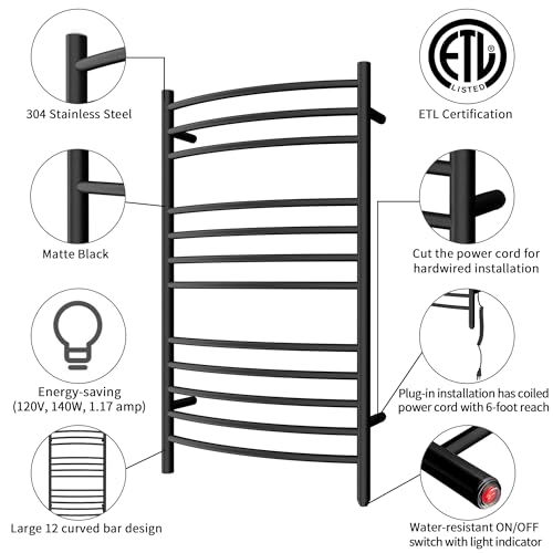 HEATGENE Towel Warmer Wall Mount Electric Plug-in/Hardwired Heated Towel Rack, 4-Supports Matte Black