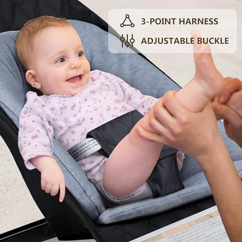 Kinder King Portable Baby Bouncer, Foldable Bouncer Seat w/Thickened Soft Cushion, 3-Point Harness, Lightweight Newborns Bouncy Seat, Black