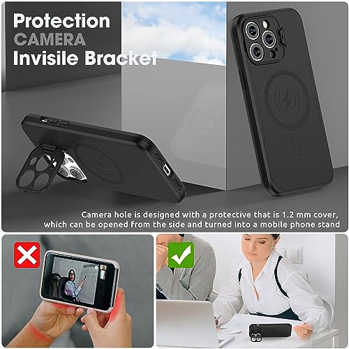 ABITKU Magnetic Case for iPhone 15 Pro Max 6.7 inch, with Camera Protector Kickstand Cover (Compatible with MagSafe & Car Holder), with Screen Protection Shockproof Phone Case for Men Women (Black)