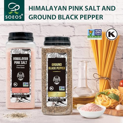 Soeos Himalayan Pink Salt Fine 39 oz + Ground Black Peppercorns 18 oz,Salt and Pepper for Grinder Refill