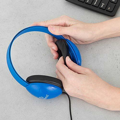 Egghead Heavy-Duty Kids' Headphones with Padded Ear Cups and 6' Cord, Adjustable Tangle-Free Plastic Classroom Headphones for Kids, Pack of 10, Blue