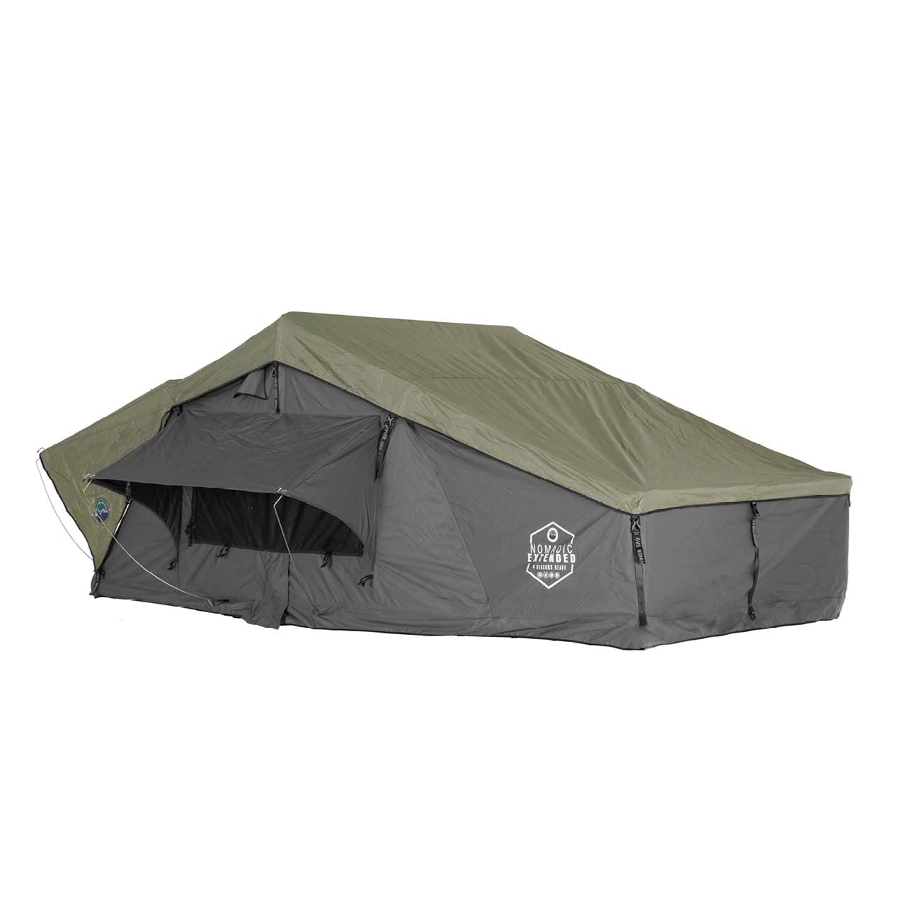 Overland Vehicle Systems HD Nomadic 3 Extended Soft Shell Roof Top Tent - Dark Gray Base with Green Rain Fly & Black 1000G PVC Travel Cover - Black Aluminum Base