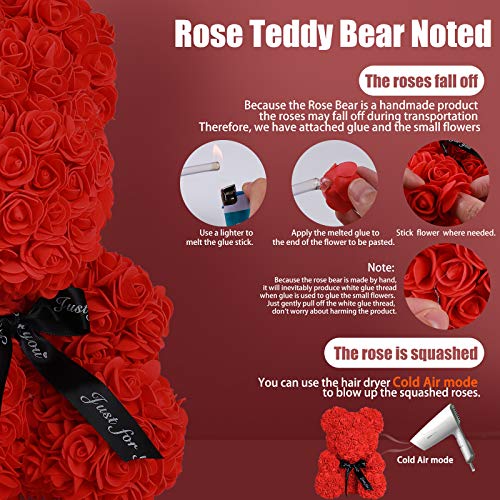 Rose Teddy Bear, Rose Bear Teddy Bear,10" Flower Bears with Lights, Rose Bear Foam Artificial Flower,Lighted Up Rose Teddy Bear Gifts for Valentines Day, Mothers Day,Anniversary (Red)