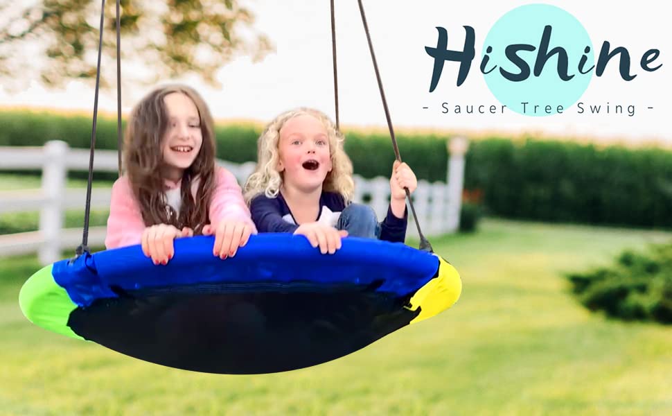 Hishine 50" Saucer Tree Swing for Kids, 360° Rotate Waterproof Flying Saucer Swing with Swivel, Hanging Straps, Adjustable Ropes, Round Mat Spinner Swing for Tree/Swing Set (Strap-Black)