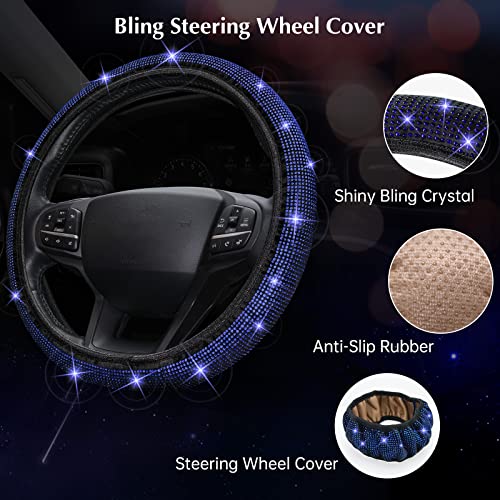 ARTILAURA 19 Pack Bling Car Accessories for Women Steering Wheel Seat Belt Gear Shift Cover Phone Holder Cup Coasters Cute AUTO Accessories Kit (Blue)