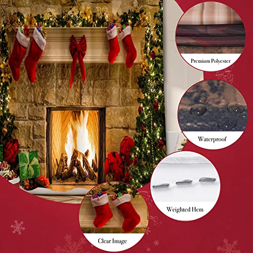 BROSHAN Christmas Shower Curtain Fabric Small, Xmas Season Eve Fireplace Gifts Socks Print Holiday Shower Curtain for Shower Stall, Red Christmas Bathroom Decor Set with Hooks, 60 x 72