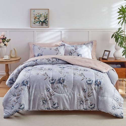 Flower Bed in a Bag 6 Pieces Twin size Blue Gray Floral Comforter Sheet Set Soft Microfiber Lightweight Summer Bed Set (1 Comforter 2 Pillow Shams 1 Flat Sheet 1 Fitted Sheet 1 Pillowcases)