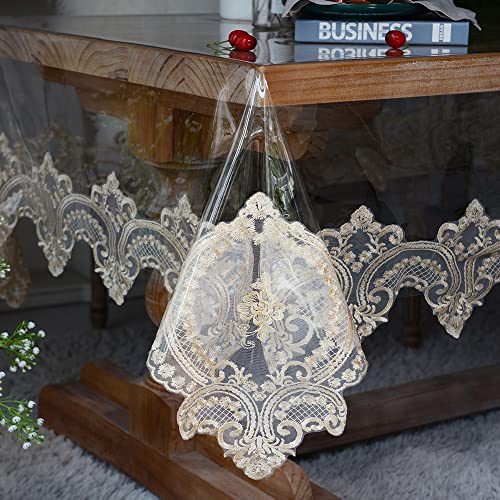 SUTAVIA Round Clear Vinyl lace Tablecloth 100% Oil Proof Waterproof Spill Proof Table Cloth Transparent PVC Table Protector Heavy Plastic Table Cover (Champagne,60" Round)