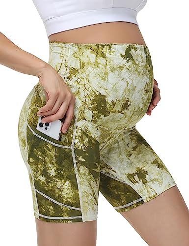 HOFISH Women's Maternity Yoga Shorts Over The Belly Summer Active Workout Running Pants Pockets MorandiGrey M