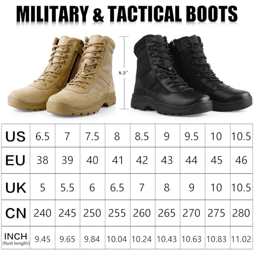 QUNLON Men's Tactical Boots Military Boots for Men Side Zipper Combat Motorcycle Boots Lightweight Army Work Boots 8'' Duty Boots Black Leather Police Boots-6.5US