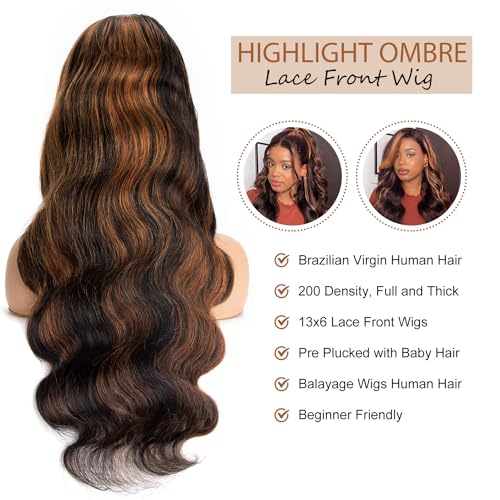 Afribye 13x6 Body Wave 200 Density HD Lace Front Wigs Human Hair Highlight Ombre Lace Front Wig Human Hair Pre Plucked FB/30 Glueless Lace Frontal Balayage Wigs Human Hair for Women 20 Inch