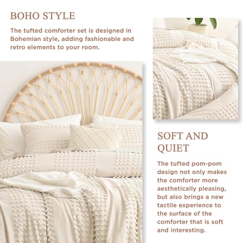 Litanika Emerald Green Comforter Queen Size, Boho Tufted Comforter with Dark Green Jacquard Pom Design, Dots Shabby Chic Bed Set, Lightweight 3 Pieces Bedding for All Season(90x90 Inches)