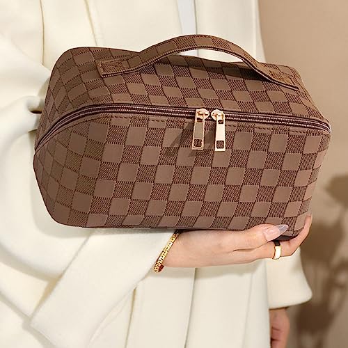 MINGRI Large Capacity Travel Cosmetic Bag for Women,Portable PU Leather Checkered Makeup Bag Water Resistant,Flat Open Multifunctional Storage Toiletry Bag with Divider and Handle (Brown)