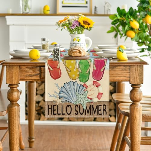 Artoid Mode Flip Flops Seaside Themed Beach Summer Table Runner, Starfish Seasonal Kitchen Dining Table Decoration for Home Party Decor 13x36 Inch