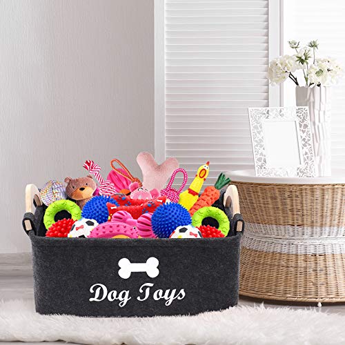 Geyecete Dog Toys Storage Bins - with Wooden Handle, Collapsible Pet Supplies Storage Basket Pet Supplies Storage Basket/Bin Kids Toy Chest Storage Trunk (Dark Grey)