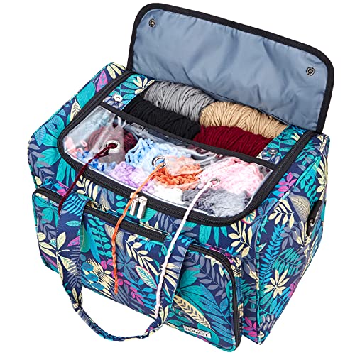 HOMEST XL Yarn Storage Bag, Large Organizer for Crochet Hooks, Needles, Woolen Skeins and Accessories, Knitting Tote with Removable Inner Dividers, Floral