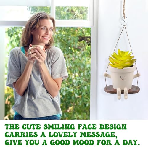 CEOJPA Swing Smiley Face Hanging Planter Pot for Indoor Outdoor Plants, Cute Swinging Plant Pot, Hanging Flower Pots, Face Planter Pot Head, Resin Succulent Planter (S-Plant Pot-Straight)
