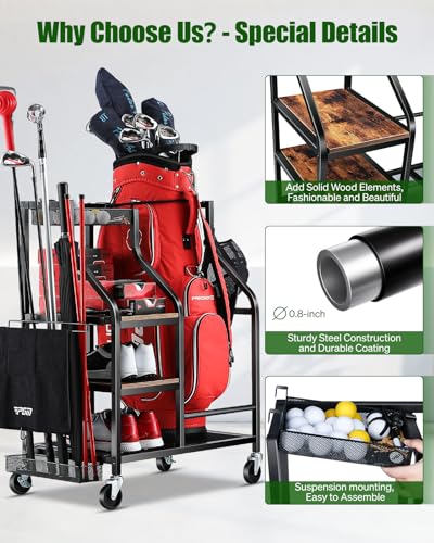 FHXZH Golf Bags Storage Garage Organizer Golf Bag Stand for Golf Bags, Clubs, Balls, Golf Equipment Accessories, Golf Bag Storage Rack with Wheels for Garage, Club, Basement (1 Golf Bag Organizer)